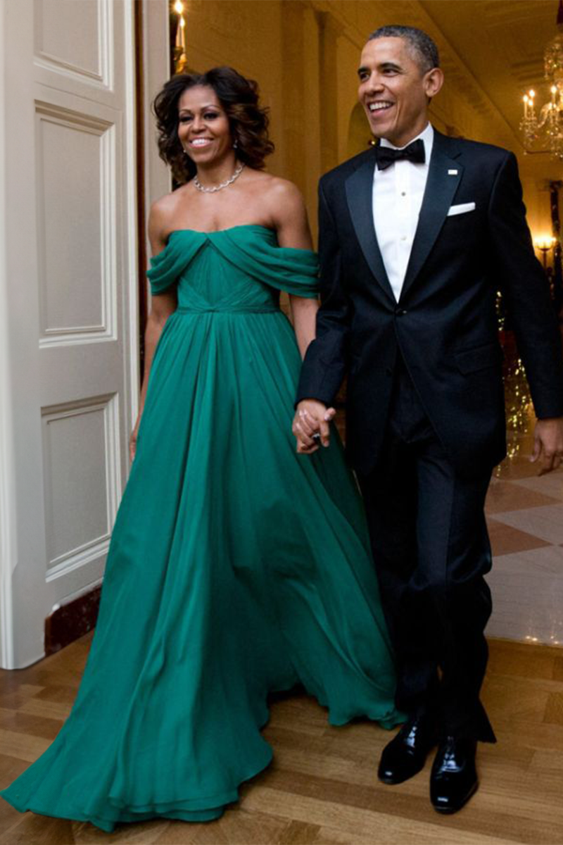 Emerald Grace – Michelle Obama-Inspired Off-Shoulder Green Chiffon Evening Gown