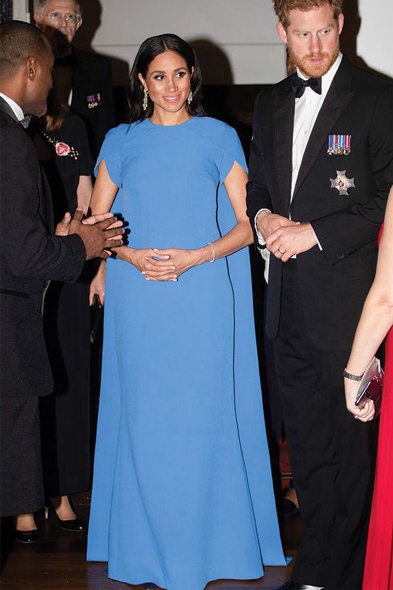 Royal Serenity – Meghan Markle-Inspired Blue Cape-Sleeve Maternity Column Gown