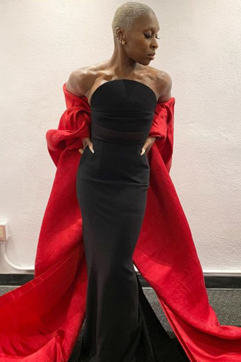 Cynthia Erivo Inspired Black Strapless Mermaid Celebrity Evening Dress with Red Cape