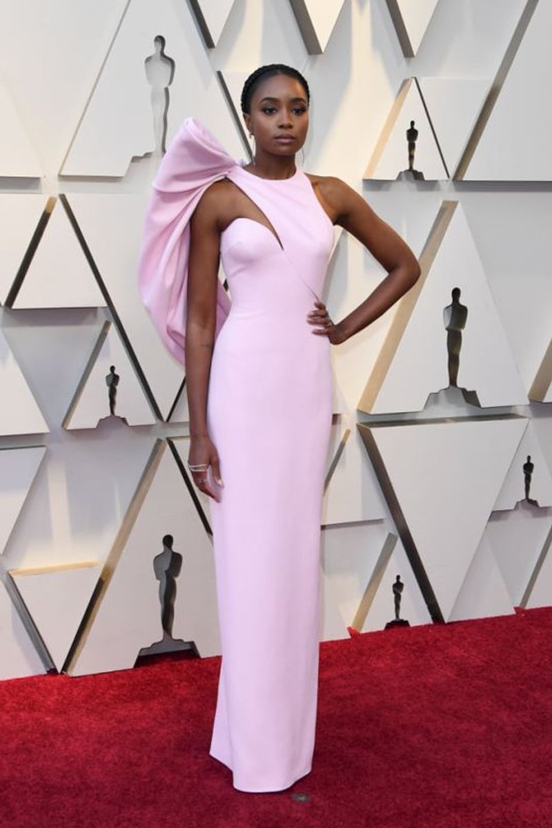 Rose Blossom KiKi Layne Inspired Pink One Shoulder Bow Sheath Celebrity Formal Prom Dress Oscars 2019