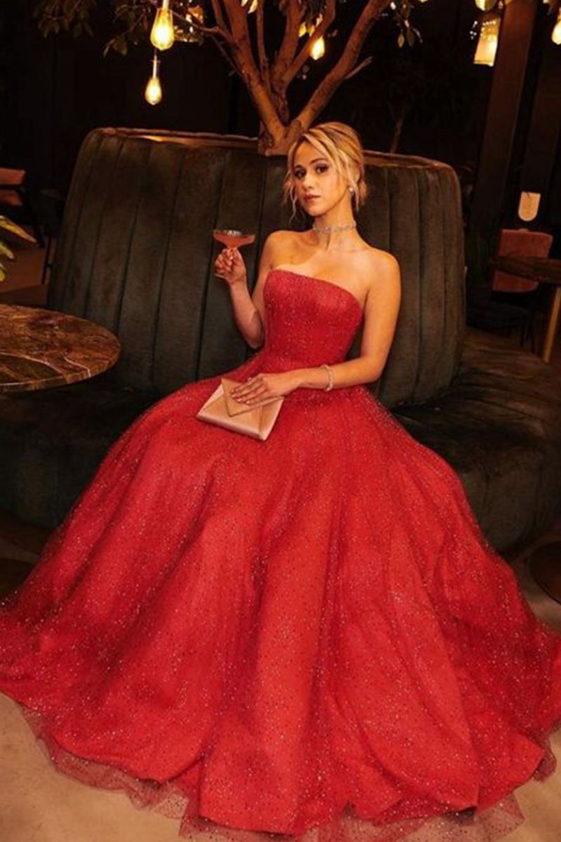 Maria Bakalova Inspired Red Strapless Ball Gown Prom Dress Golden Globes 2021