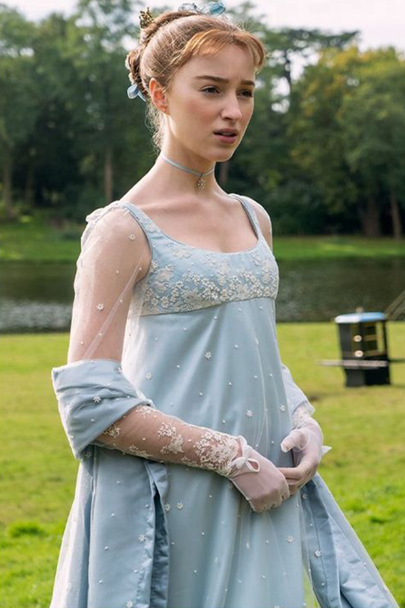 Phoebe Dynevor Daphne Bridgerton Blue Dress Inspired Regency-Style Floral Embroidered Gown