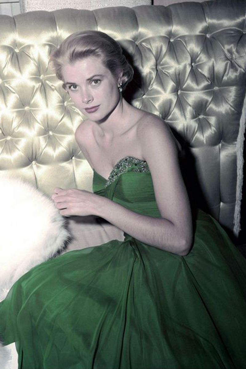 Grace Kelly Emerald Green Chiffon Strapless 1950s Celebrity Formal Evening Dress