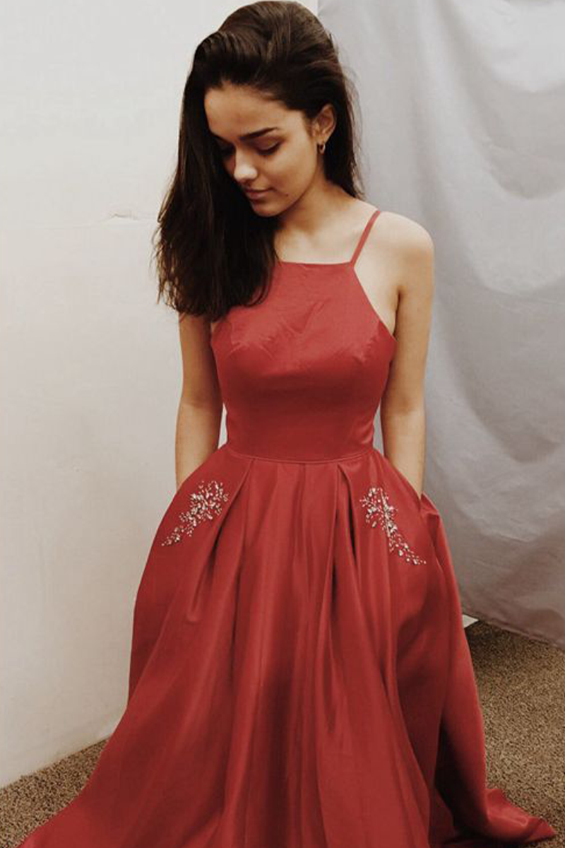 Rachel Zegler Inspired Red Satin Spaghetti Straps Beaded Formal Prom Dress 2021