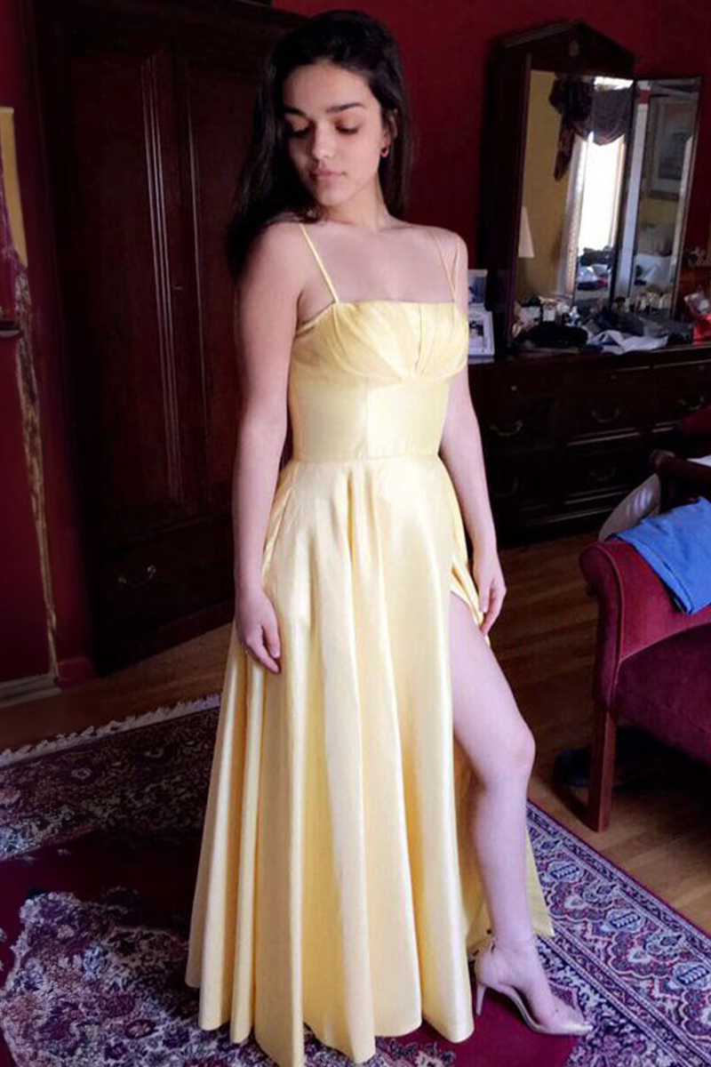 Rachel Zegler Inspired Yellow Spaghetti Straps Formal Prom Dress 2021 with Slit