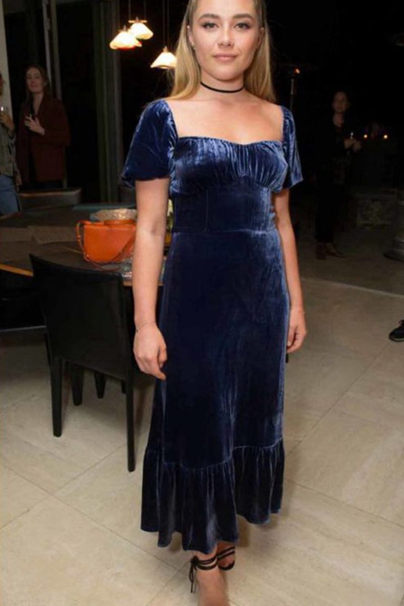 Florence Pugh Inspired Navy Blue Velvet Christmas Cocktail Party Celebrity Dress
