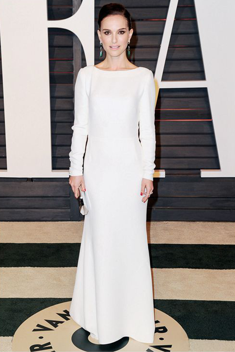 Natalie Portman White Long-sleeve Celebrity Formal Evening Prom Dress Oscars 2015