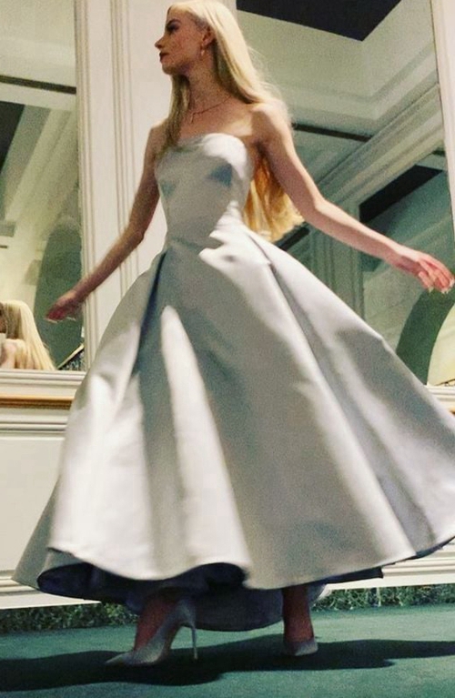 Anya Taylor-Joy Inspired Silver Strapless Satin Ball Gown Dress Golden Globes 2021