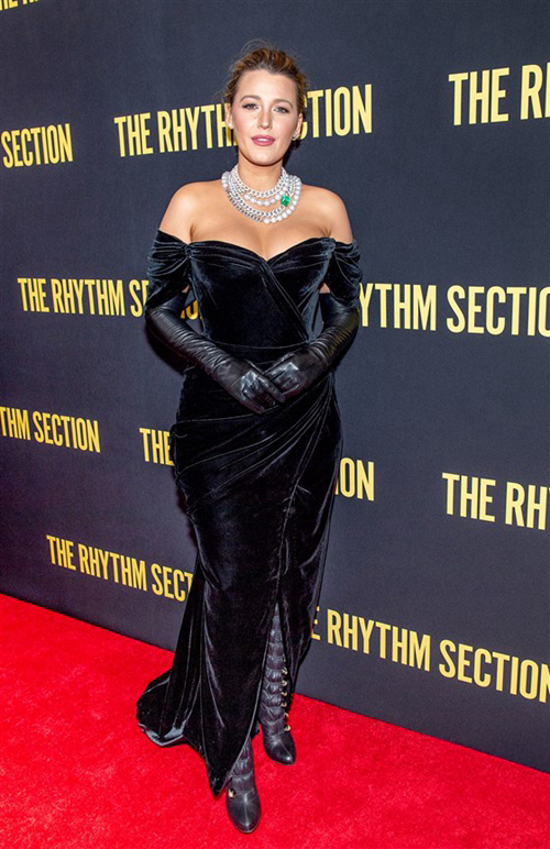 Blake Lively Black Velvet Off-the-shoulder Dress with Slit 'The Rhythm Section' Premiere