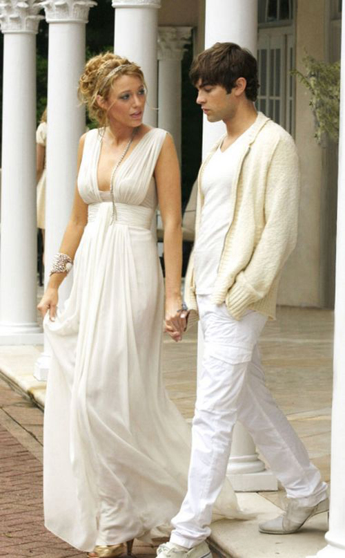 Blake Lively White V-neck Sleeveless Chiffon Formal Prom Celebrity Dress Gossip Girl