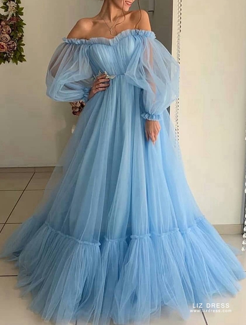 Sky Blue Off the Shoulder Ruffled Tulle Ball Gown Formal Prom Dress