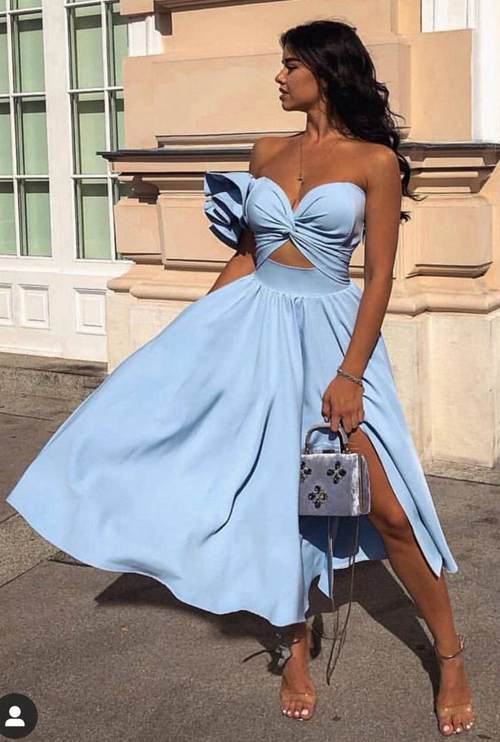Blue Sweetheart Cut-out Prom Party Dress with Ruffled Sleeve