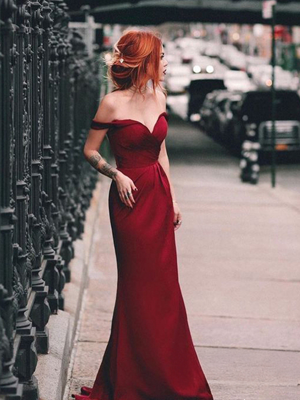 Crimson Whisper Celebrity Inspired Burgundy Satin Off Shoulder Sweetheart Sheath Sweep Train Formal Prom Dress