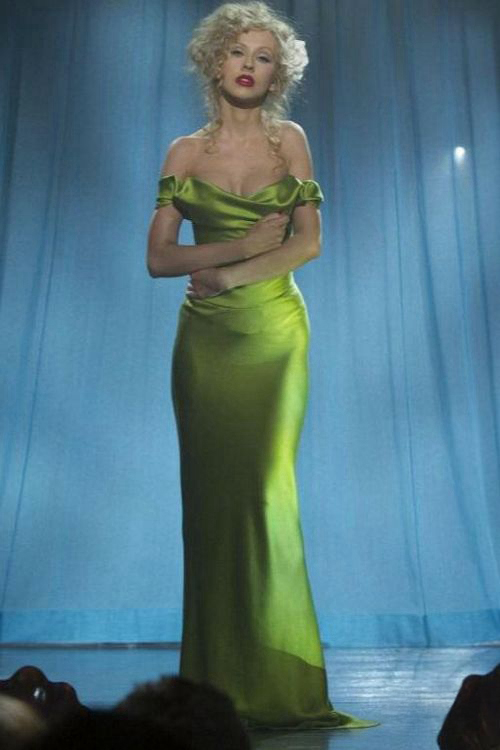 Christina Aguilera Green Off-the-Shoulder Satin Formal Prom Dress (Burlesque)