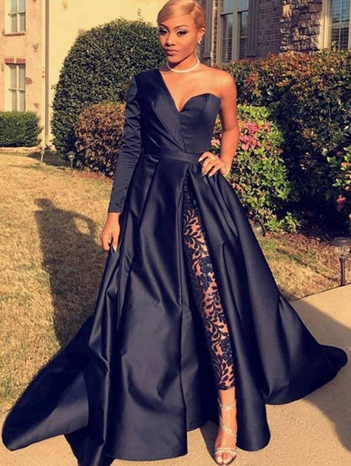 Midnight Elegance – Custom Navy Satin One-Shoulder Gown & Lace-Inlaid Trousers Ensemble