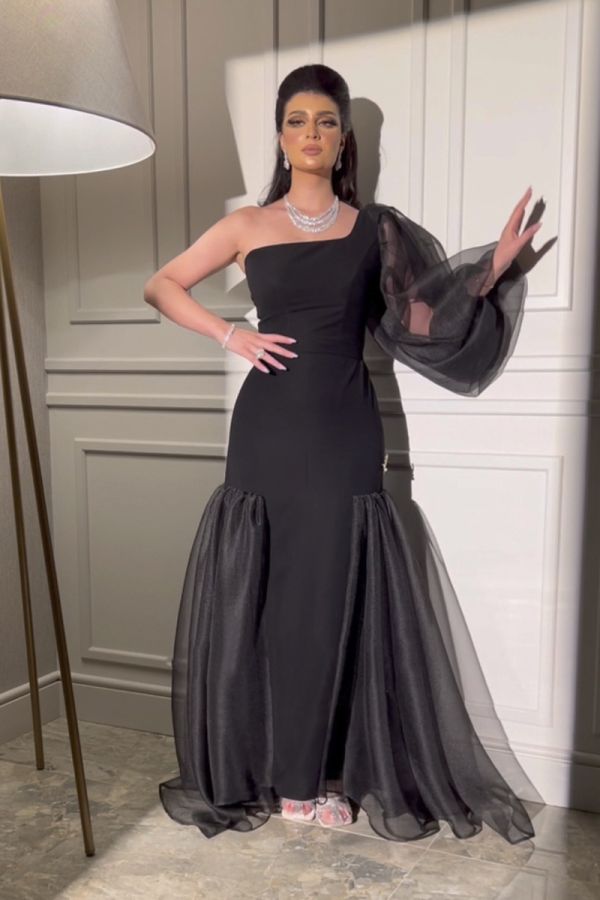 Black Illusion Sleeve Mermaid Gown with Asymmetrical Neckline