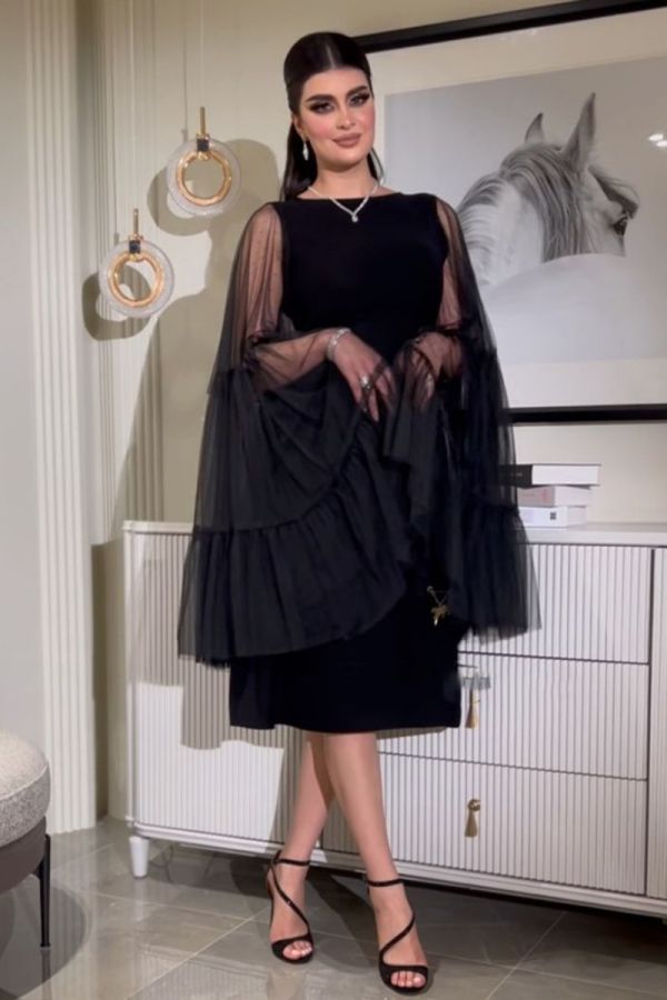 Black Tulle Overlay Cocktail Dress with Sheer Bell Sleeves