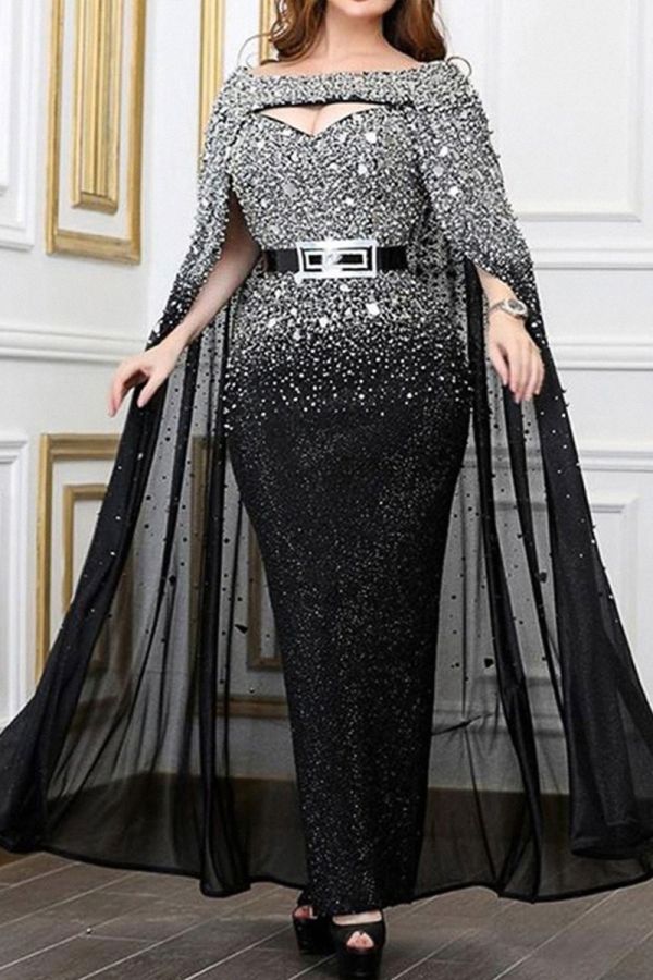 Silver Embellished Capelet Evening Gown