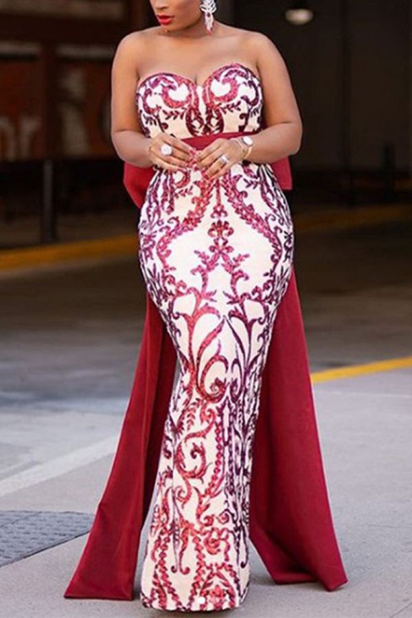 Burgundy Strapless Embroidered Mermaid Evening Gown