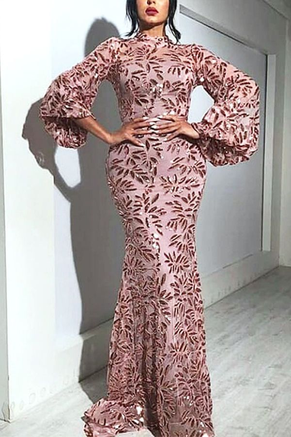 Blush Pink Leaf Print Trumpet Sleeve Evening Gown