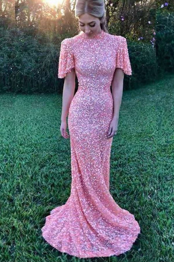 Peach Sequined High Neck Mermaid Prom Dress