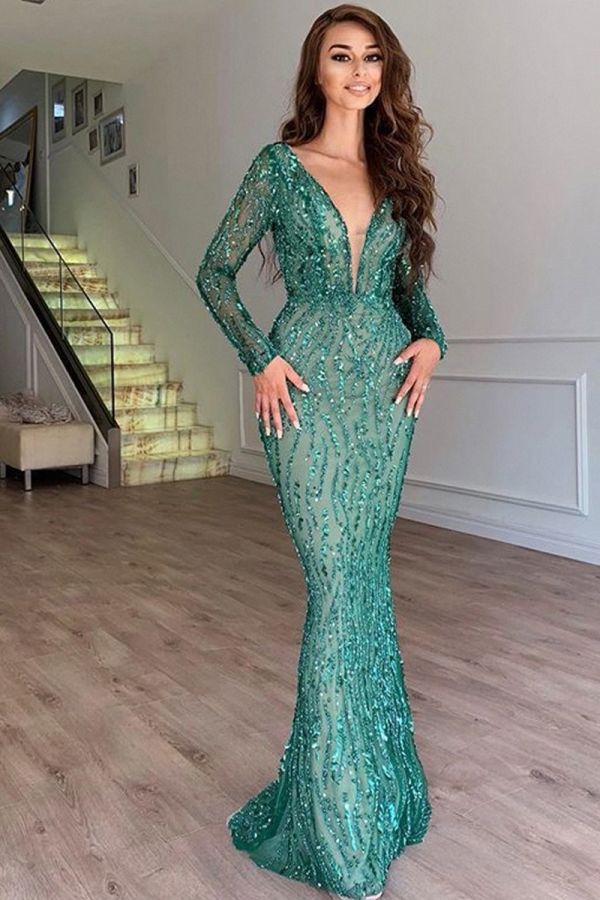 Emerald Green Beaded Plunge V-neck Evening Gown