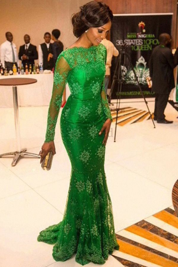 Green Lace Long Sleeve Mermaid Evening Gown