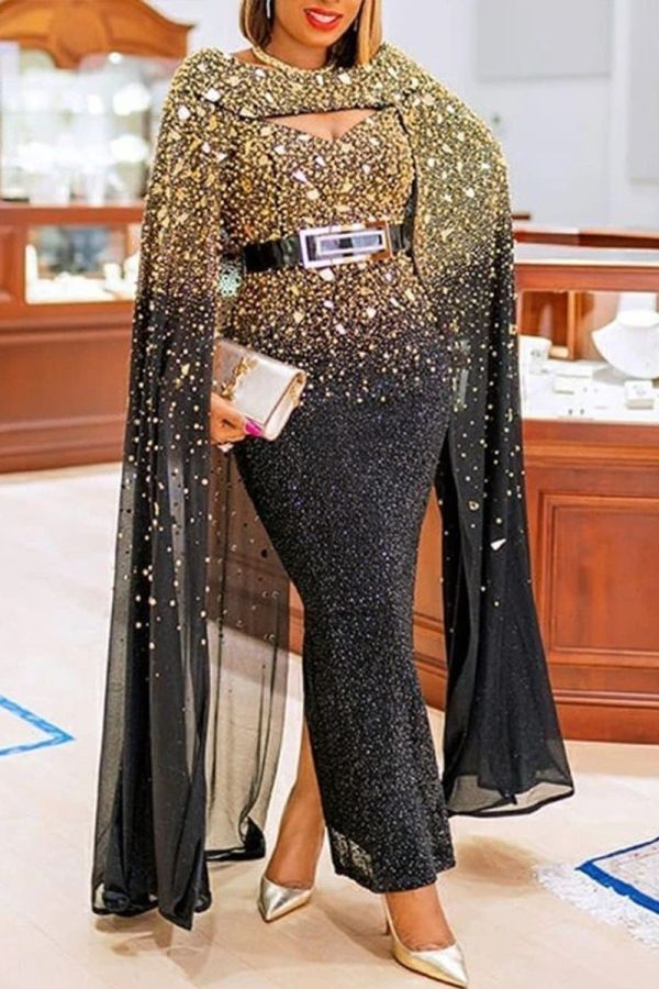 Golden Starry Night Cape Gown
