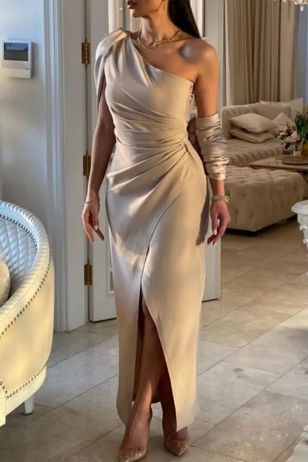 Champagne Drape One-Shoulder Gown