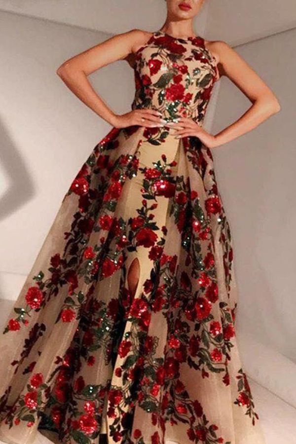 Floral Embroidered High Neck Sheer High-Slit Gown