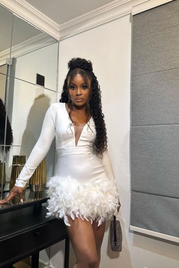 Feather Trim Sexy V-Neck Long Sleeve Mini Dress