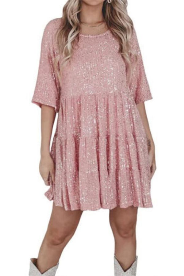 Pink Sequin Tiered Babydoll Mini Dress