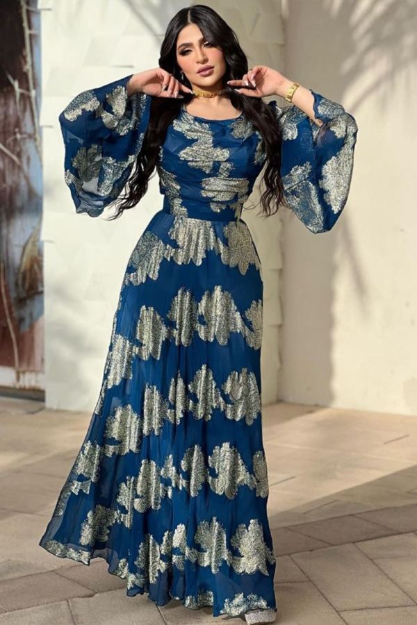 Royal Blue Golden Floral Maxi Dress with Bell Sleeves