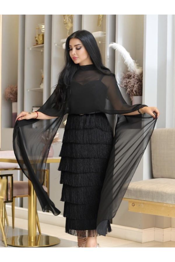 Chic Black Sheer Cape Top and Layered Fringe Skirt Set for Glamorous Evenings