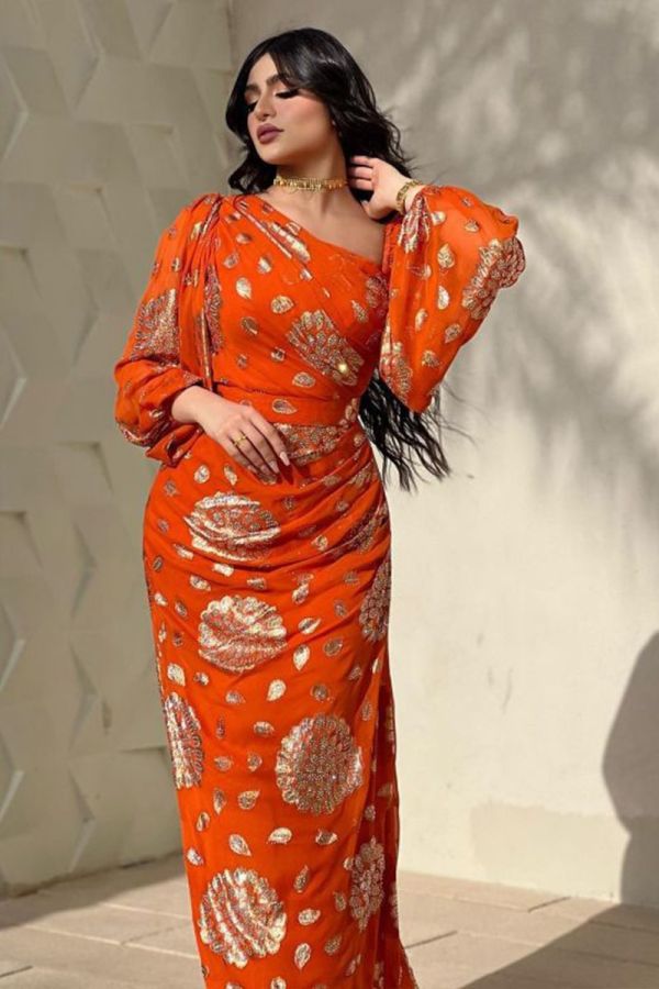 Embroidered Orange One-Shoulder Gown