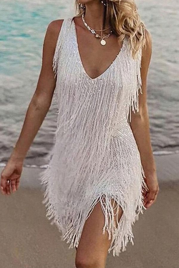 White Fringe Sequin Mini Dress