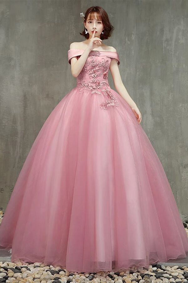 Blossom Whisper – Pink Off-Shoulder Gown