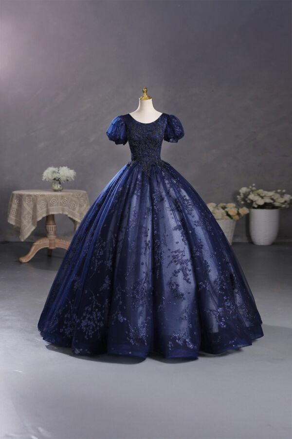 Midnight Elegance – Navy Blue Embroidered Ball Gown with Puff Sleeves