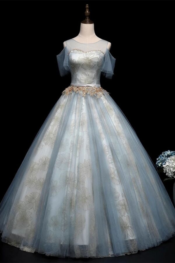 Moonlit Bloom – Blue Tulle Embroidered Gown