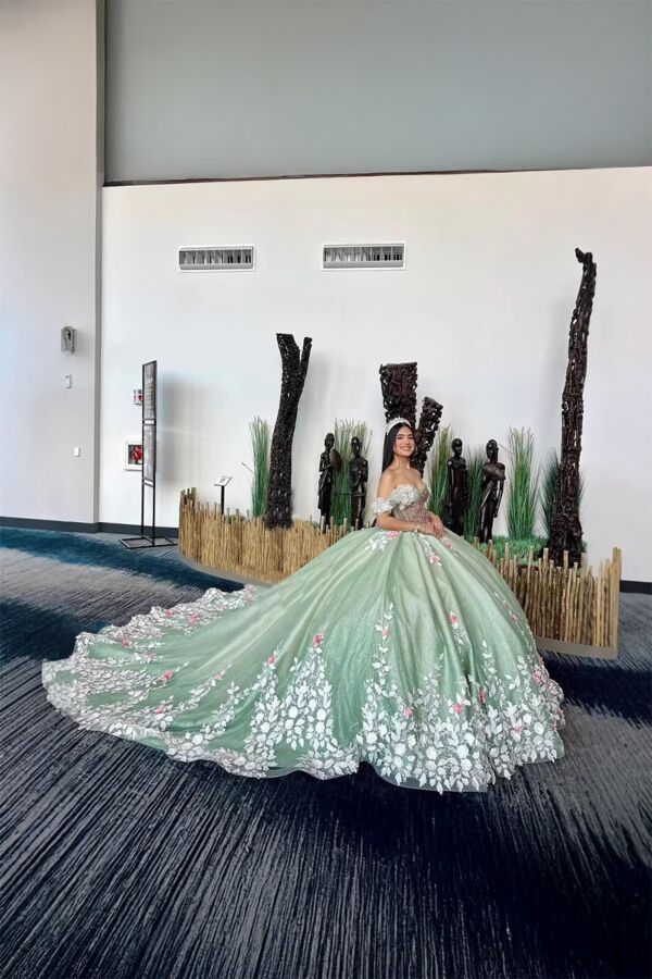 Enchanted Garden – Mint Green Floral Ball Gown with Embroidered Train
