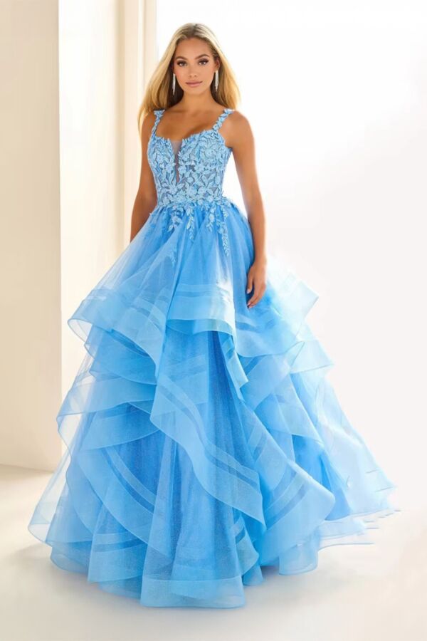 Fairy Cascade – Layered Blue Princess Gown with Embroidered Bodice