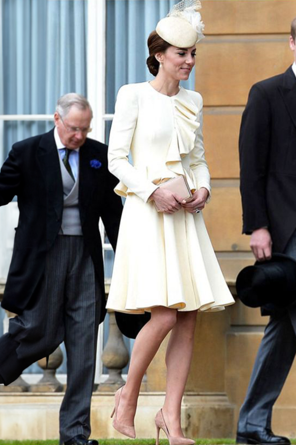 Kate Middleton Inspired Cream Long-sleeve Ruffled Dress Celebrity Outfit
