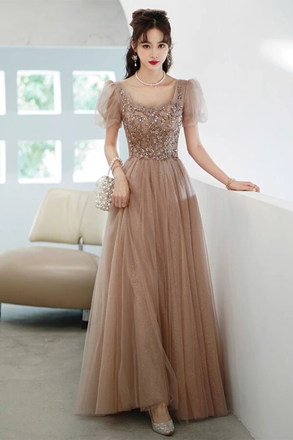 Mocha Stardust — Puff-Sleeve Sequin Tulle Gown
