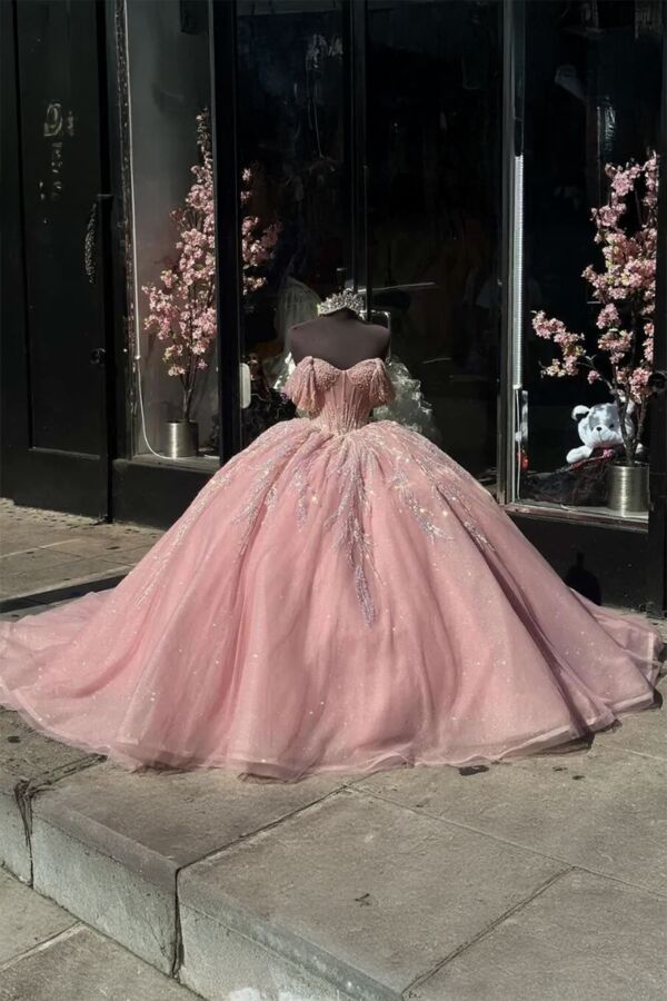 Aurora Blush – Pink Off-Shoulder Ball Gown with Sparkle Embroidery