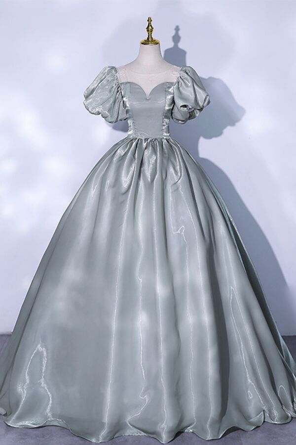 Sage Moonlight — Puff-Sleeve Satin Ball Gown