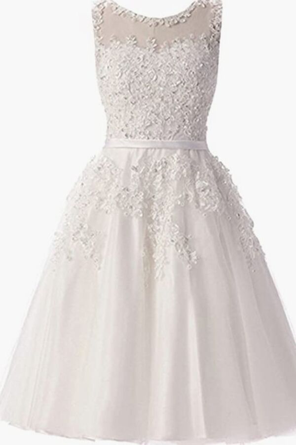 Snow Petal Tea-Length — Floral Appliqué Bridal Dress