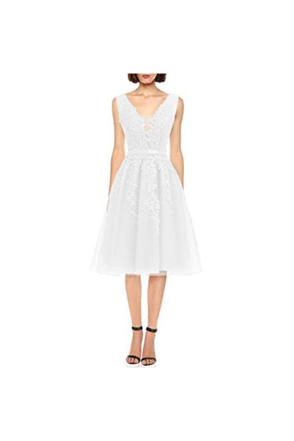 Ivory Tea Blossom — V-Neck Lace Tea-Length Dress