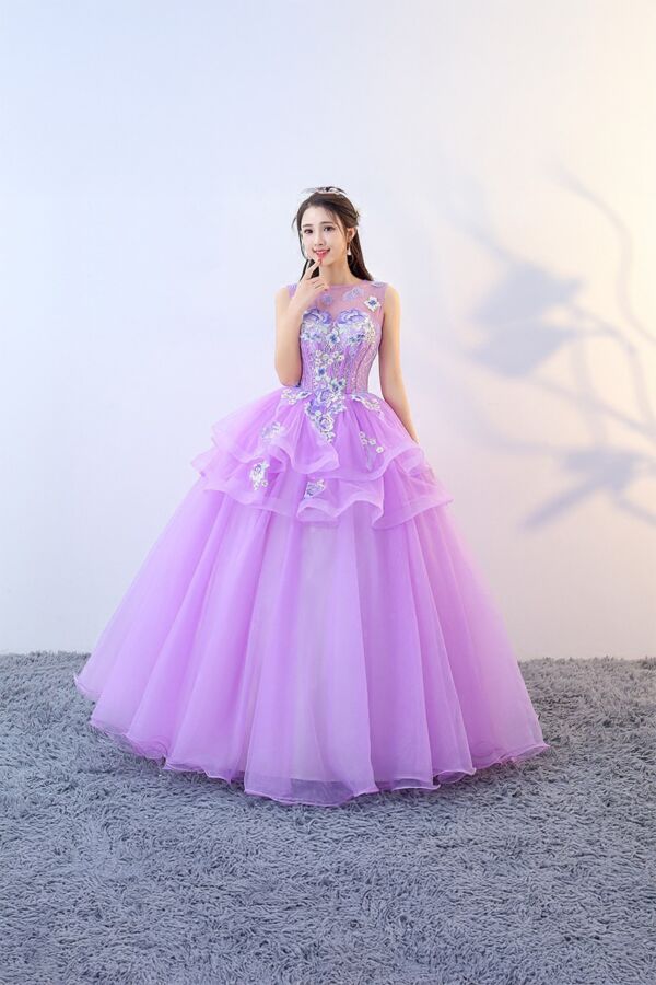 Lavender Bloom – Layered Tulle Ball Gown with Floral Embroidery