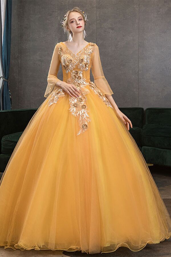Golden Marigold Embroidered Tulle Ball Gown