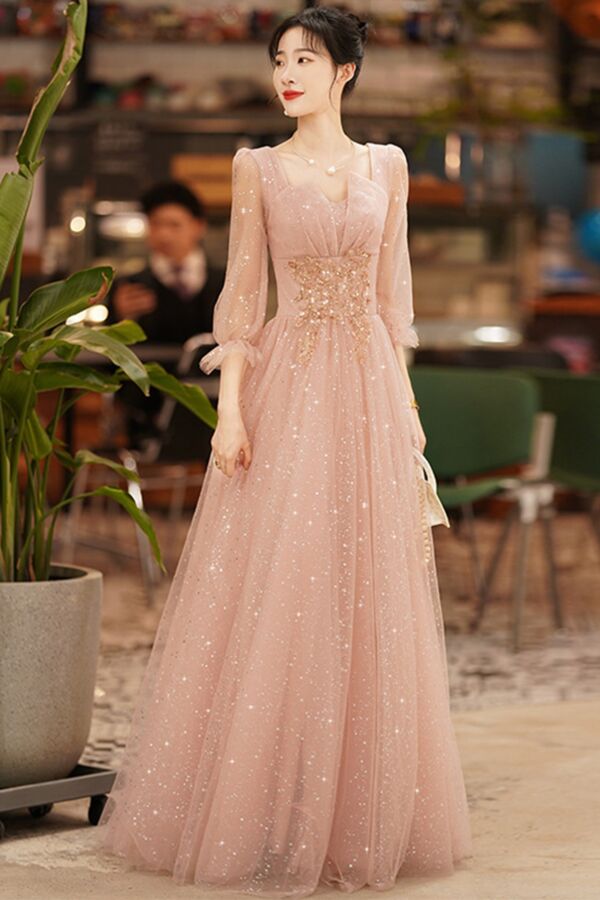 Blush Stardust Puff-Sleeve Tulle Gown